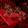 Korean-style retro red mesh flower hair clip, green beaded leaf and branch decoration hair accessory, headwear accessory for women Specification image